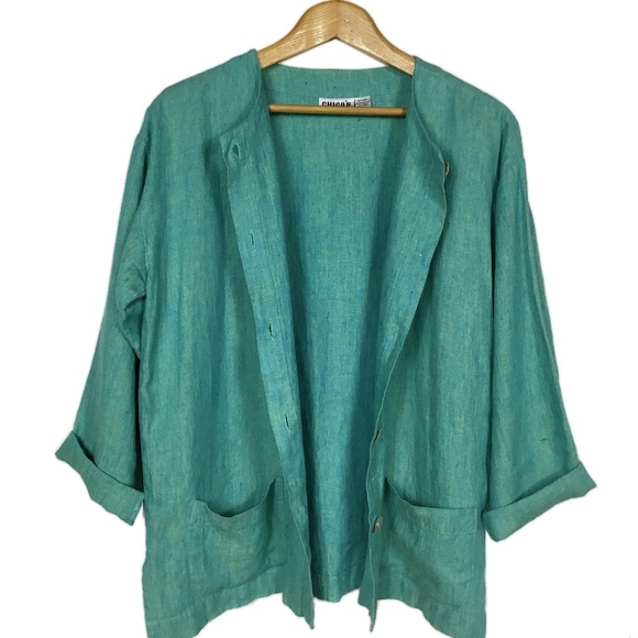 Teal Linen Button Up Jacket by Chico’s Design Sz 1 - Picture 2 of 8